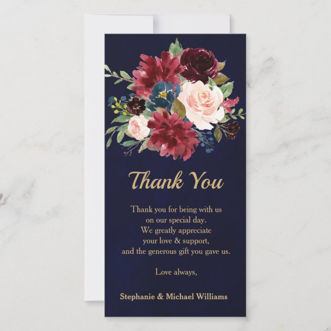 Burgundy Red Navy Floral Rustic Boho Thank you (Front)
