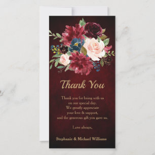 Burgundy Red Navy Floral Rustic Boho Thank you Card