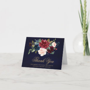 Burgundy Red Navy Floral Rustic Boho Thank You Card