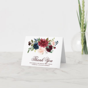 Burgundy Red Navy Floral Rustic Boho Thank You Card