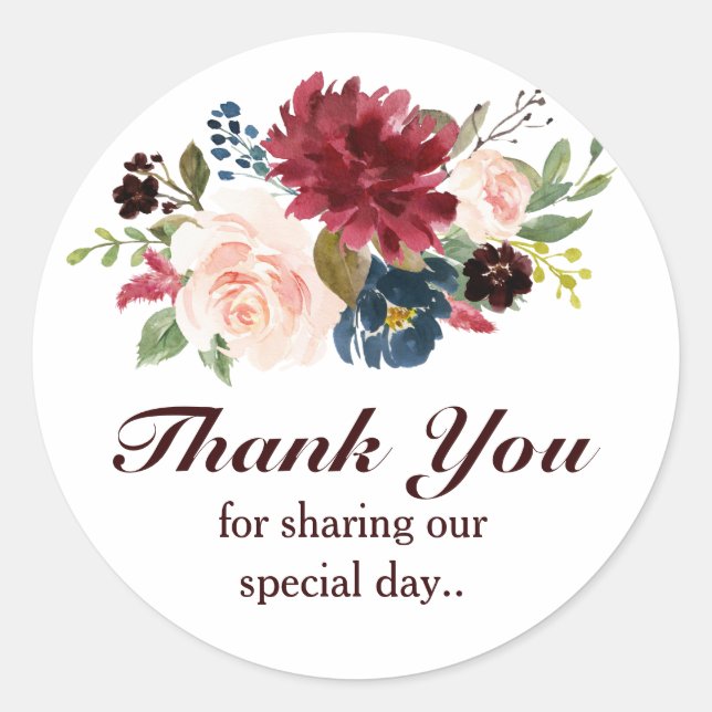 Burgundy Red Navy Floral Rustic Boho Thank You Classic Round Sticker (Front)