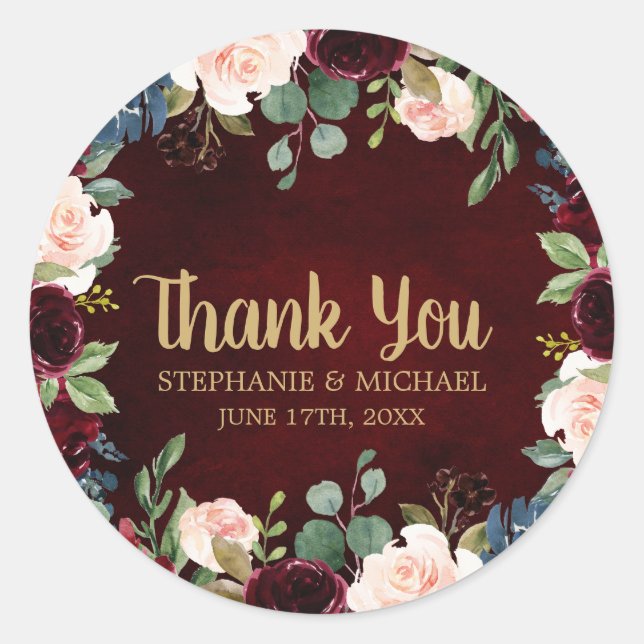Burgundy Red Navy Floral Rustic Boho Thank You Classic Round Sticker (Front)