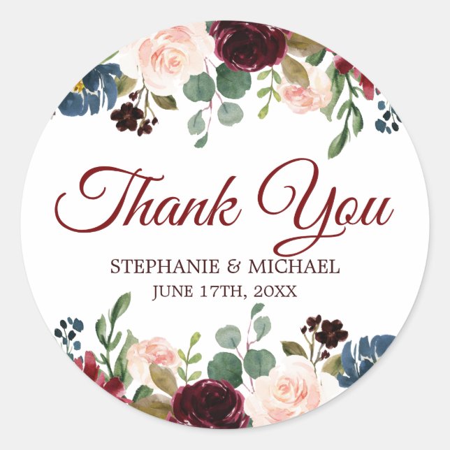 Burgundy Red Navy Floral Rustic Boho Thank You Classic Round Sticker (Front)