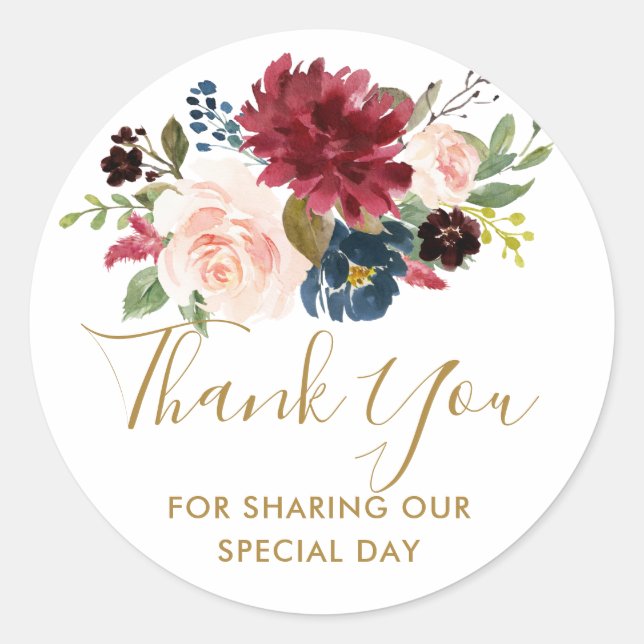 Burgundy Red Navy Floral Rustic Boho Thank You Classic Round Sticker (Front)