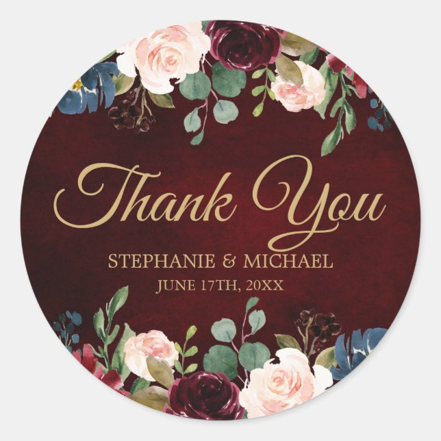 Burgundy Red Navy Floral Rustic Boho Thank You Classic Round Sticker (Front)