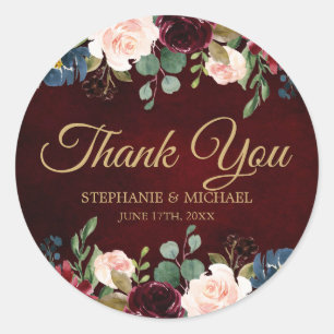 Burgundy Red Navy Floral Rustic Boho Thank You Classic Round Sticker