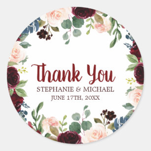 Burgundy Red Navy Floral Rustic Boho Thank You Classic Round Sticker