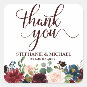 Burgundy Red Navy Floral Rustic Boho Thank You Square Sticker