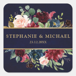 Burgundy Red Navy Floral Rustic Boho Thank You Square Sticker