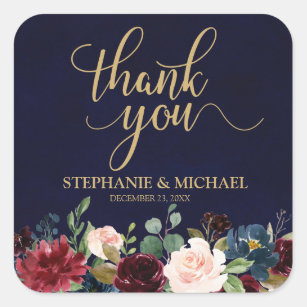 Burgundy Red Navy Floral Rustic Boho Thank You Square Sticker