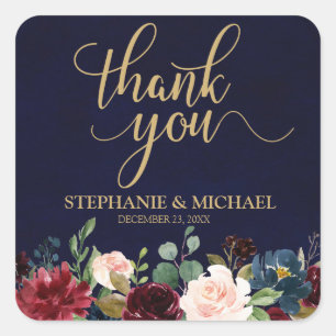 Burgundy Red Navy Floral Rustic Boho Thank You Square Sticker