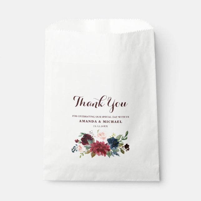 Burgundy Red Navy Floral Rustic Boho wedding Favour Bags (Front)