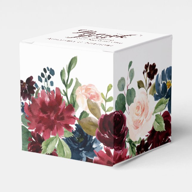 Burgundy Red Navy Floral Rustic Boho Wedding Favour Box (Front Side)