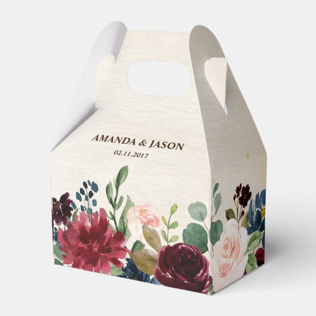 Burgundy Red Navy Floral Rustic Boho Wedding Favour Box (Front Side)
