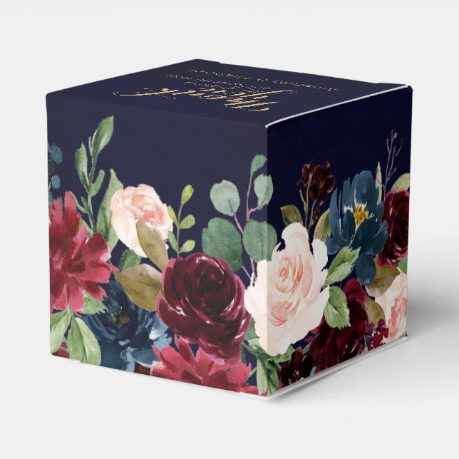 Burgundy Red Navy Floral Rustic Boho Wedding Favour Box (Back Side)