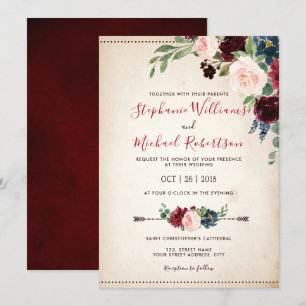 Burgundy Red Navy Floral Rustic Boho Wedding Invitation