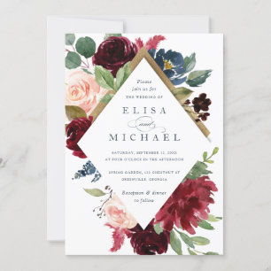 Burgundy Red Navy Floral Rustic Boho Wedding Invitation