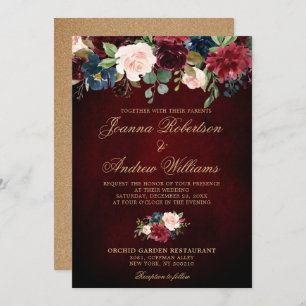 Burgundy Red Navy Floral Rustic Boho Wedding Invitation