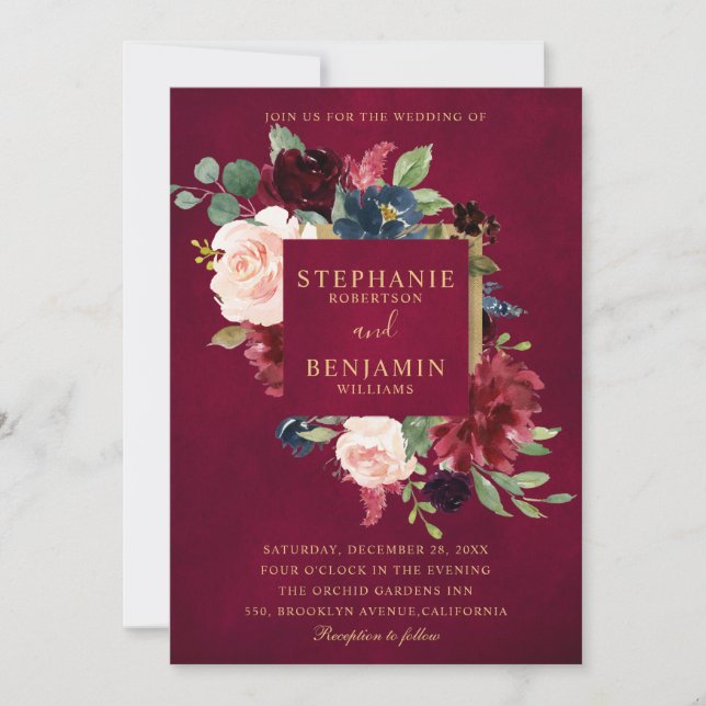 Burgundy Red Navy Floral Rustic Boho Wedding Invitation (Front)