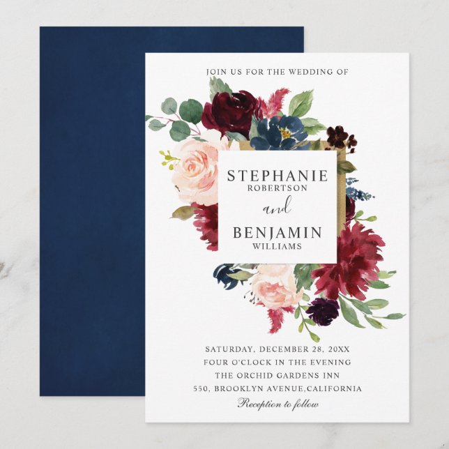 Burgundy Red Navy Floral Rustic Boho Wedding Invitation (Front/Back)