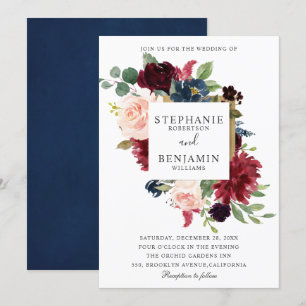 Burgundy Red Navy Floral Rustic Boho Wedding Invitation