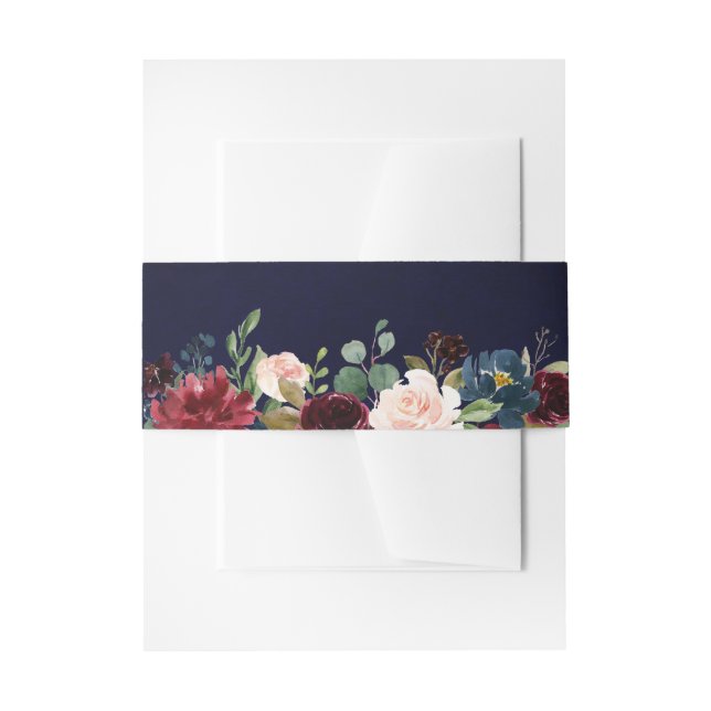 Burgundy Red Navy Floral Rustic Boho Wedding Invitation Belly Band (Front Example)