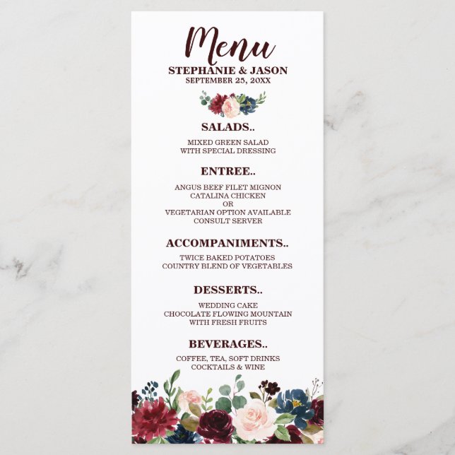 Burgundy Red Navy Floral Rustic Boho Wedding Menu (Front)