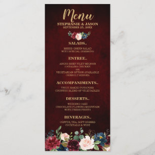 Burgundy Red Navy Floral Rustic Boho Wedding Menu