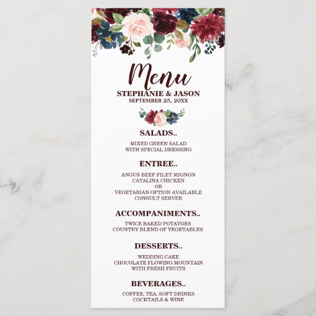 Burgundy Red Navy Floral Rustic Boho Wedding Menu (Front)