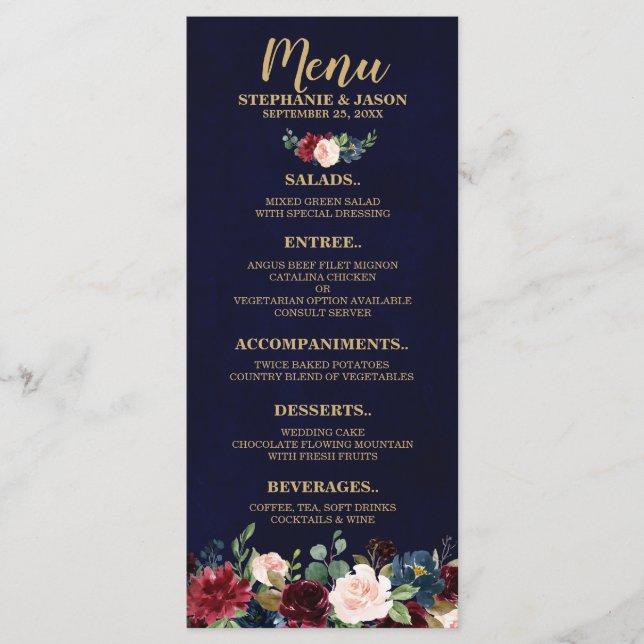 Burgundy Red Navy Floral Rustic Boho Wedding Menu (Front)