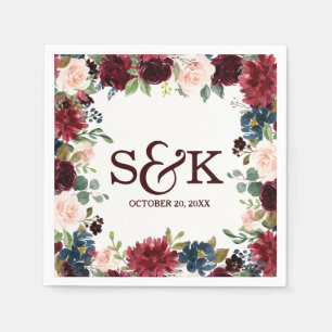 Burgundy Red Navy Floral Rustic Boho Wedding Napkin