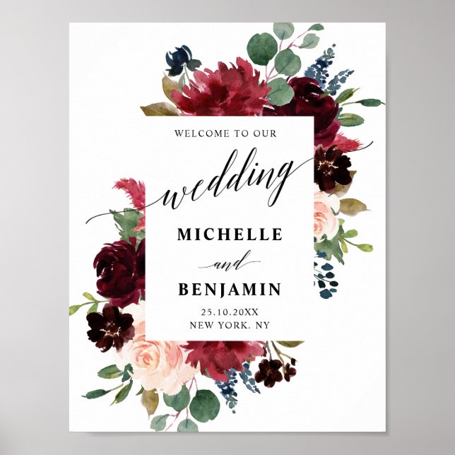 Burgundy Red Navy Floral Rustic Boho Wedding Poster (Front)