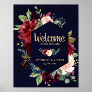 Burgundy Red Navy Floral Rustic Boho Wedding Sign