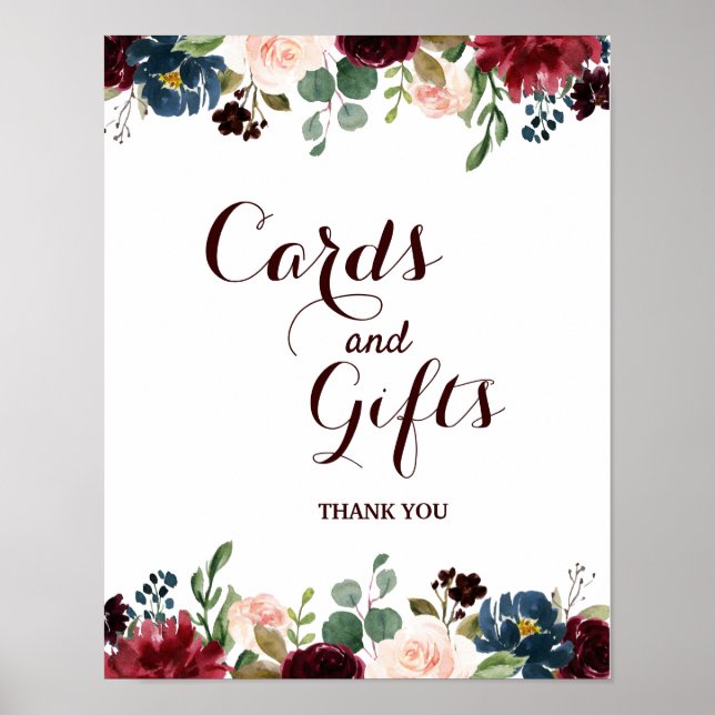 Burgundy Red Navy Floral Rustic Boho Wedding Sign (Front)