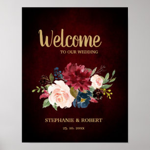 Burgundy Red Navy Floral Rustic Boho Wedding Sign