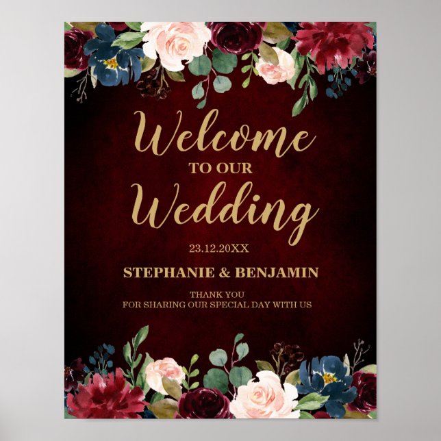 Burgundy Red Navy Floral Rustic Boho Wedding Sign (Front)