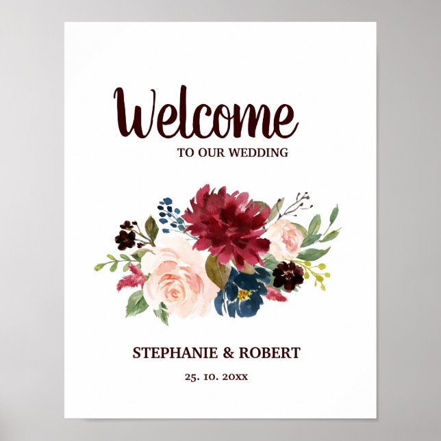 Burgundy Red Navy Floral Rustic Boho Wedding Sign (Front)