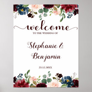 Burgundy Red Navy Floral Rustic Boho Wedding Sign