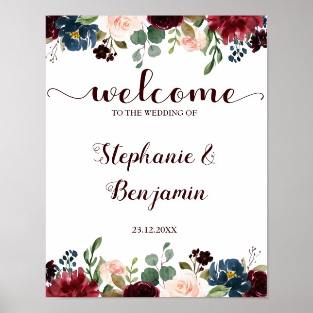 Burgundy Red Navy Floral Rustic Boho Wedding Sign (Front)