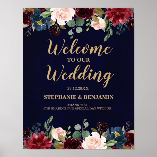 Burgundy Red Navy Floral Rustic Boho Wedding Sign (Front)