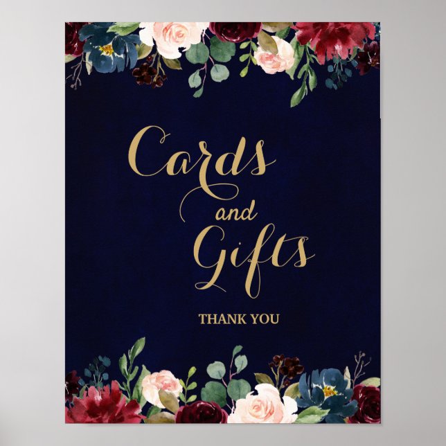 Burgundy Red Navy Floral Rustic Boho Wedding Sign (Front)