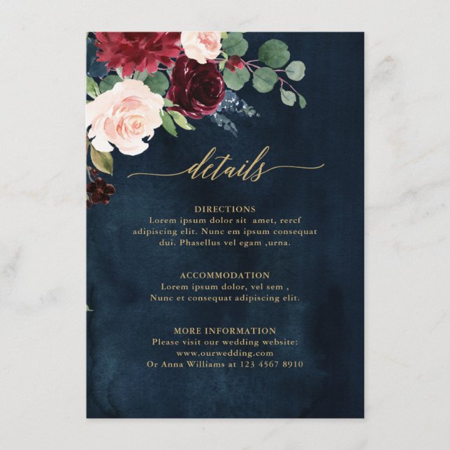 Burgundy Red Navy Floral Rustic Wedding Details En Enclosure Card (Front)