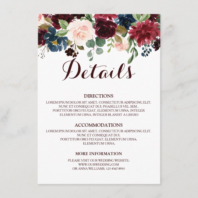 Burgundy Red Navy Floral Rustic Wedding Details Enclosure Card (Front)