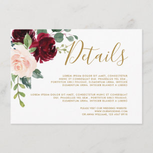 Burgundy Red Navy Floral Rustic Wedding Details Enclosure Card