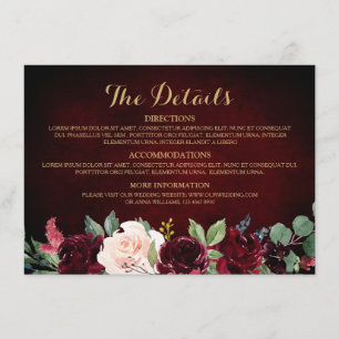 Burgundy Red Navy Floral Rustic Wedding Details Enclosure Card