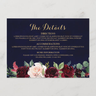 Burgundy Red Navy Floral Rustic Wedding Details Enclosure Card