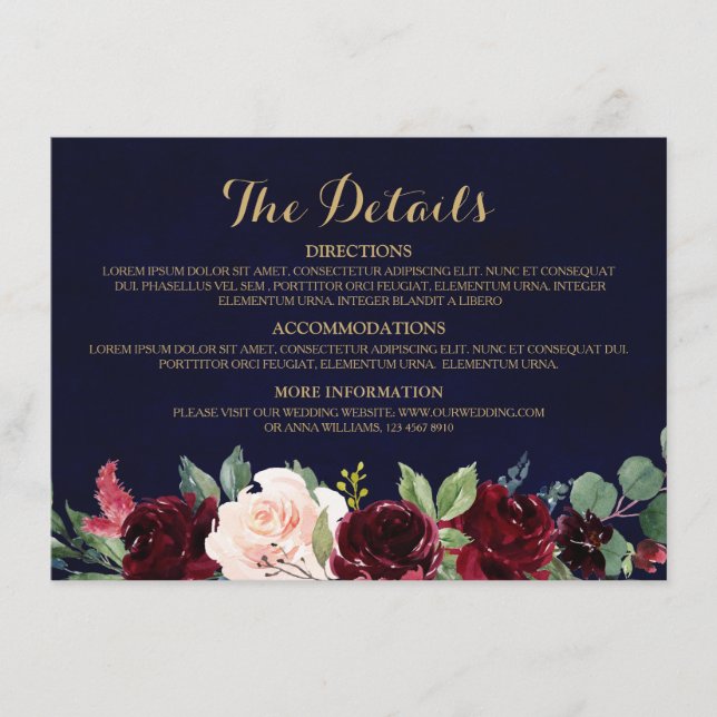 Burgundy Red Navy Floral Rustic Wedding Details Enclosure Card (Front)