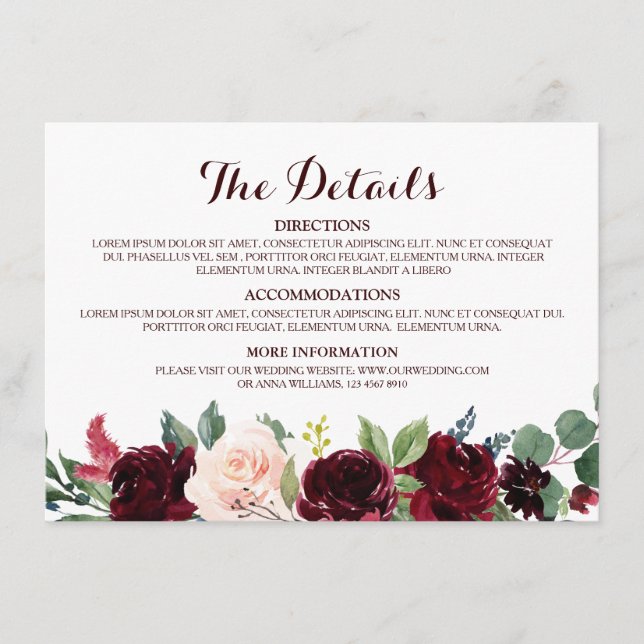 Burgundy Red Navy Floral Rustic Wedding Details Enclosure Card (Front)