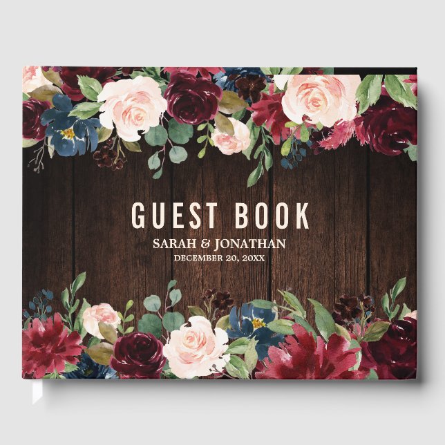 Burgundy Red Navy Floral Rustic Wedding guest book (Front)