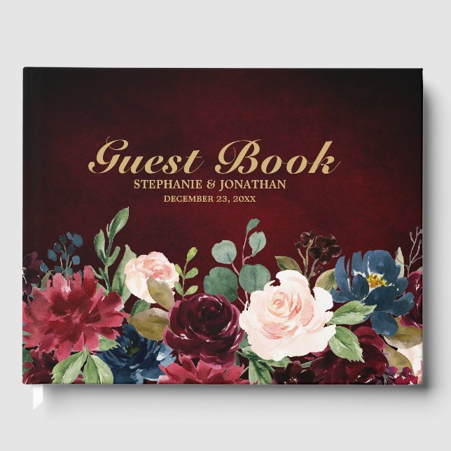 Burgundy Red Navy Floral Rustic Wedding guest book (Front)